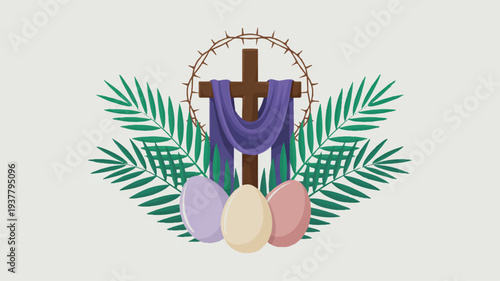 Easter cross with purple cloth crown of thorns eggs and green leaves on white background symbolizing resurrection and faith