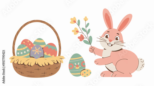 Pink cartoon bunny holding flowers next to easter eggs in basket and on ground soft lighting whimsical style white background single subject