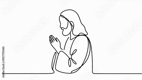 Woman praying with hands clasped in contemplation and spirituality serene and peaceful simple line art