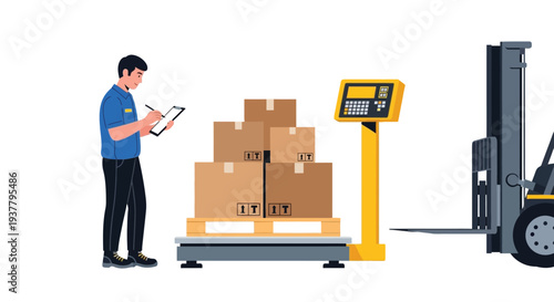 Warehouse inventory worker checking cargo weight scale vector