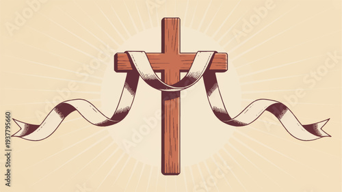 Christian wooden cross with flowing ribbon on beige background symbolizing faith and spirituality in elegant simplicity