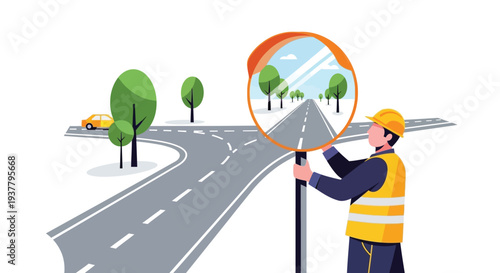 Road inspection worker checking traffic safety mirror vector