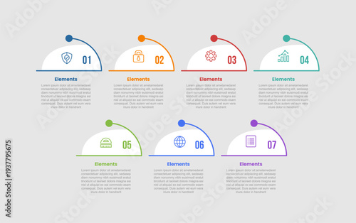 7 elements infographic comparison diagram with creative half circle cut with dot line style 7 step for slide presentation