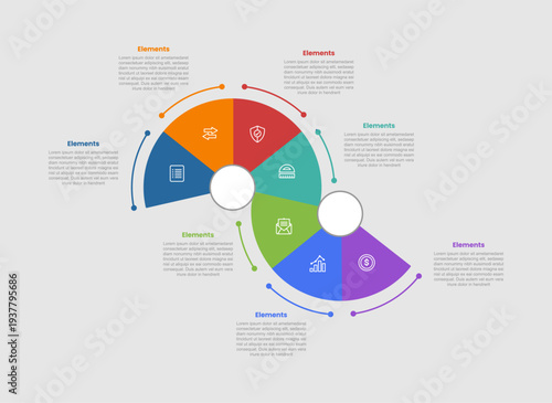 7 elements infographic comparison diagram with circular cycle wave up and down with circle inside with dot line style 7 step for slide presentation