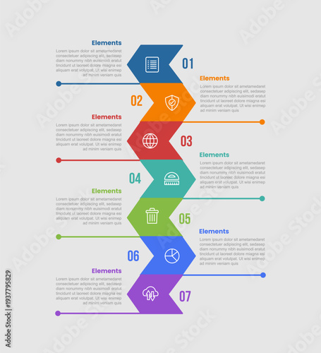 7 elements infographic comparison diagram with zigzag wave on vertical stacked list with long line divider with dot line style 7 step for slide presentation