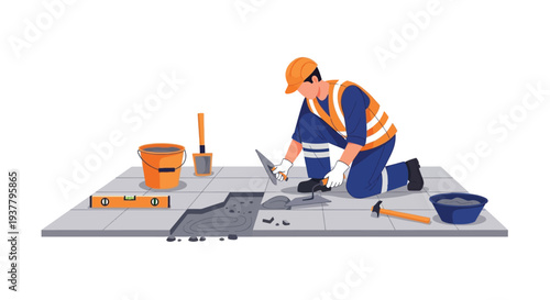 Road worker installing pavement tiles vector