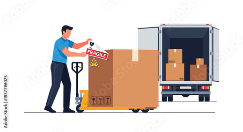 Warehouse worker moving cargo pallet for delivery vector