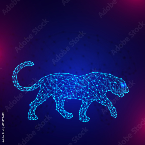 Neon Low Poly Panther Technology Illustration, Futuristic Wireframe Panther Digital Network Art, Glowing Blue Polygon Panther Tech Background, Cyber Neon Predator Low Poly Animal Design