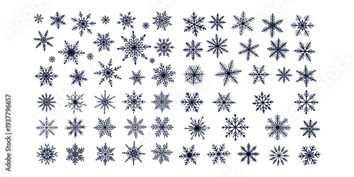 Multiple decorative snowflake icons in line art style on white background, expressing winter and seasonal cold concepts