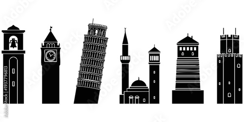 World Famous Towers Silhouette Set: Leaning Tower of Pisa, Big Ben, and Historic Bell Tower Icons