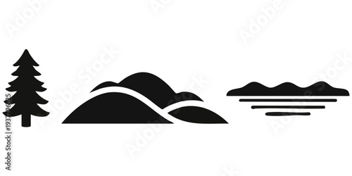Natural Landscape Silhouette Set: Evergreen Tree, Rolling Hills, and Lakeside Mountain Icons