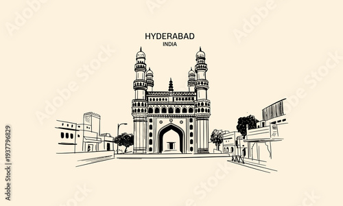 Hyderabad India Charminar monument sketch with surrounding buildings Keywords: Hyderabad, India