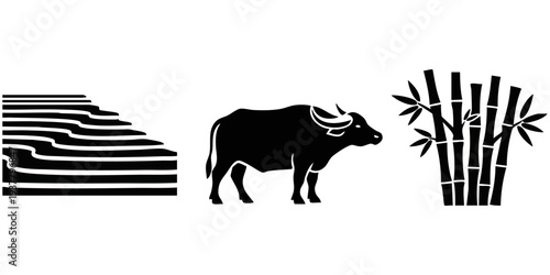 Southeast Asian Nature Silhouette Set: Rice Terrace, Water Buffalo, and Bamboo Icons