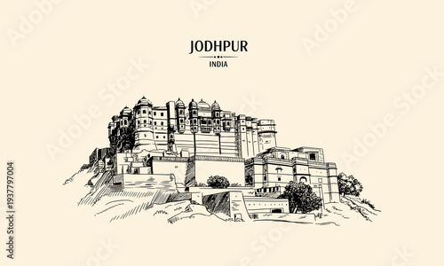 Jodhpur India Mehrangarh Fort sketch on a rocky hill Keywords: Jodhpur, India, Mehrangarh Fort