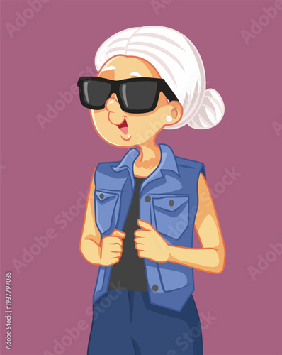Happy Fashionable Cool Senior Lady Vector Illustration. Stylish trendy elderly woman in a blue denim vest wearing dark sunglasses
