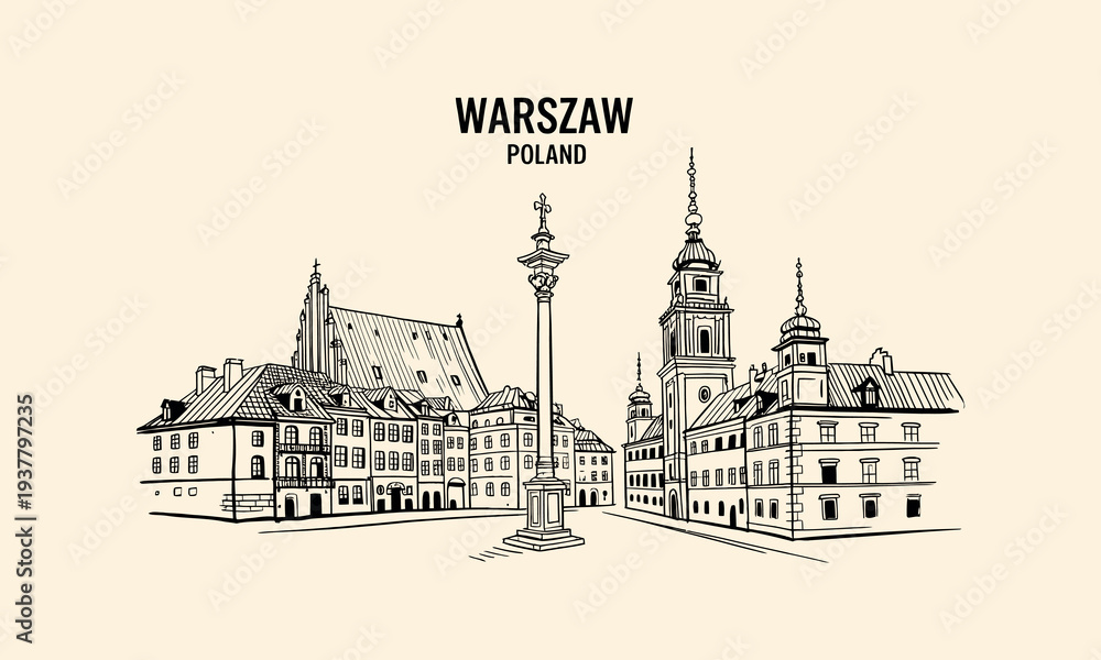Fototapeta premium Warsaw Poland Old Town Market Square sketch with column and church Keywords: Warsaw, Poland, Old