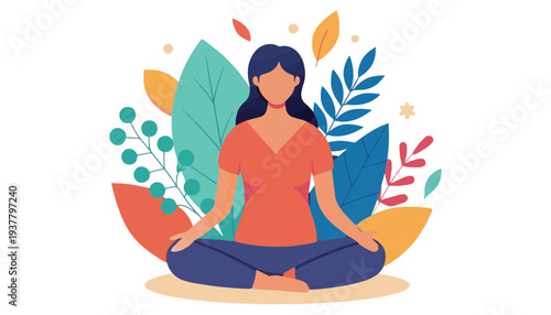 A woman meditating in a colorful illustration with leaves and flowers