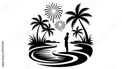 A black silhouette of a man watching fireworks on a tropical island