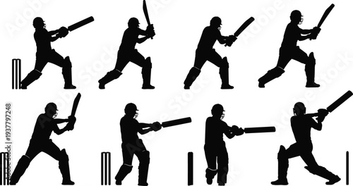 Cricket player batting silhouettes collection, professional batsman action poses with bat and wicket, sport activity illustration isolated