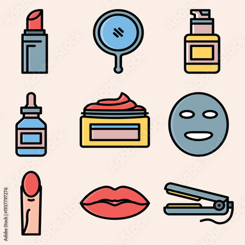 Vibrant collection of flat design icons for beauty and personal care essentials. Features cosmetic products, skincare items, and styling tools, perfect for modern lifestyle and wellness graphic design