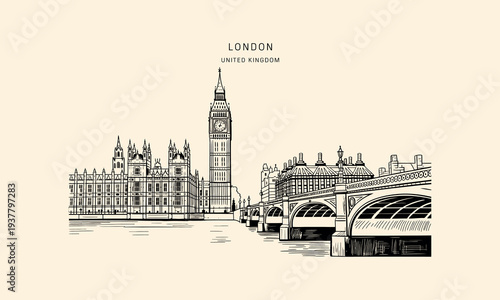 London skyline with Big Ben and Westminster Bridge sketch Keywords: London, United Kingdom, Big