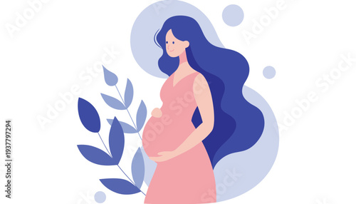 Pregnant woman illustration with blue hair and pink dress holding leaves