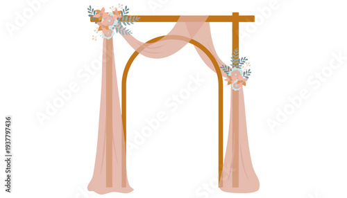 A decorative wedding arch with draped fabric and floral accents.