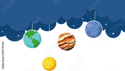 Planet vector illustration of Earth, Jupiter, and moon in space