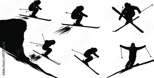 Set of Black Silhouette Vector Illustrations Featuring People Skiing and Jumping from Mountains for Winter Sports Extreme Activities and Adventure