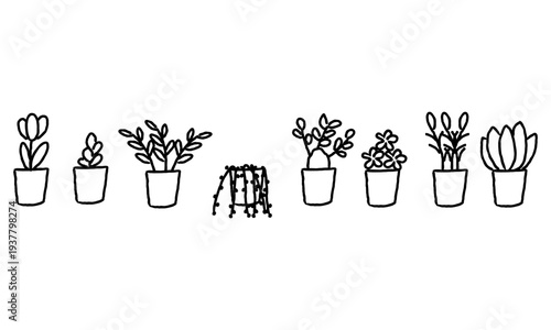 手書きのシンプルな観葉植物の鉢植えセット