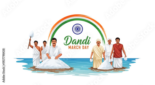 Illustration of Mahatma Gandhi leading the Dandi March, a historical protest against British colonial rule in India, with a group of followers carrying salt sacks on their heads, set