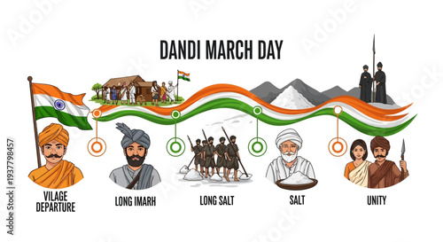 Illustration commemorating Dandi March Day with Mahatma Gandhi leading a protest march for Indian independence with nonviolent resistance.