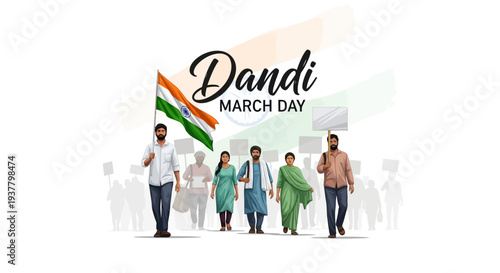 Illustration of people marching with a flag on Dandi March Day, a historical protest for Indian independence with a patriotic theme and Indian flag colors.