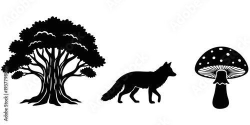 Forest Nature Silhouette Set: Oak Tree, Prowling Fox, and Spotted Toadstool Mushroom Icons