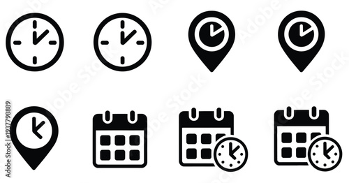 Time, date, and address vector icons with clock, pin map, and calendar symbols, clean modern flat design for apps, websites, and user interface projects.
