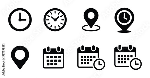 Time, address, and date icon set featuring clock, map pin location, and calendar symbols, modern flat vector illustrations for scheduling, navigation, and digital interface design