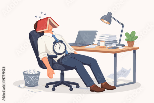 Tired office worker sleeping at his desk with a book on his head and an alarm clock on his chest, representing procrastination, afternoon slump, boredom, and exhaustion in the professional workplace.