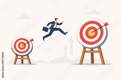 Businessman in suit jumping from small target to a larger one, symbolizing career growth, ambition, and motivation to achieve bigger business goals, success, and professional advancement.