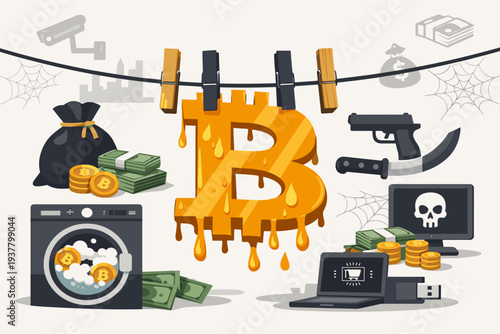 Vector illustration of Bitcoin and cryptocurrency used for money laundering and illegal activities in the dark market, featuring a washing machine, weapons, cash, and cybercrime for financial crime.