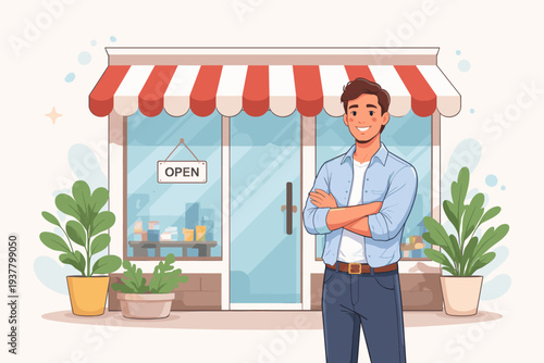 Happy young male entrepreneur standing in front of his small retail shop or boutique with a red and white striped awning and an open sign, concept of starting a new business and entrepreneurship.