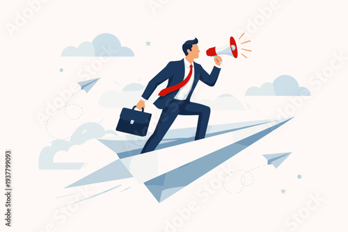 Businessman standing on a giant paper airplane flying through clouds holding a megaphone and briefcase, symbolizing marketing announcement, communication message, business growth, and leadership.