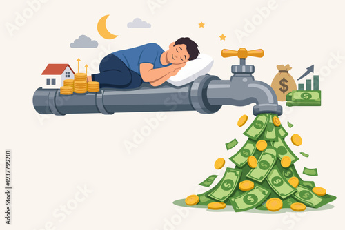 Man sleeping on a pipe with money flowing from a faucet, representing passive income streams like dividends, real estate rentals, and investments for financial freedom and wealth growth.