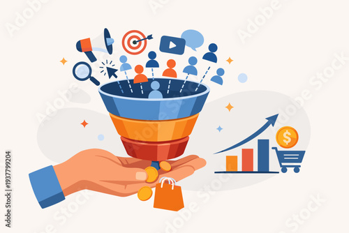 Lead Generation and Sales Funnel Concept Illustration with Marketing Icons, Customer Acquisition, Conversion Rate Optimization, Business Growth, Digital Advertising Strategy, and ROI Analysis.