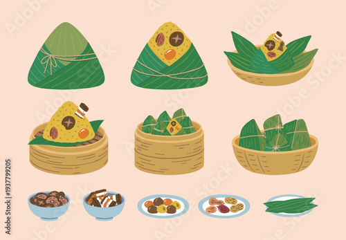 Dragon Boat Festival Zongzi and Ingredients Illustration: Sticky Rice Dumplings, Salted Egg Yolk, and Bamboo Leaves