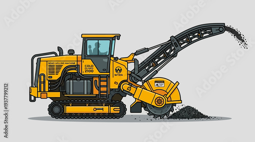 Yellow trenching machine digging a trench with dirt pile