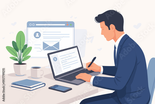 Businessman in a suit writing a formal resignation letter on a laptop to quit his job or inform management of leaving the company for a new career opportunity in a modern office workspace.