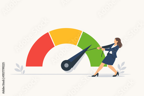 Businesswoman pulling needle of a gauge towards green zone for risk management, credit score improvement, stress reduction, performance measurement, and achieving business goals concept.