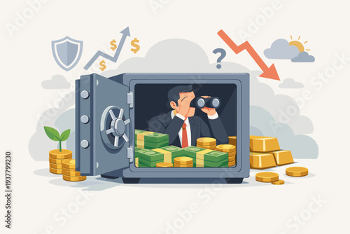Businessman Inside a Safe Looking Through Binoculars for Financial Protection and Investment Opportunities During Economic Uncertainty, Market Volatility, and Inflation to Secure Wealth Assets.