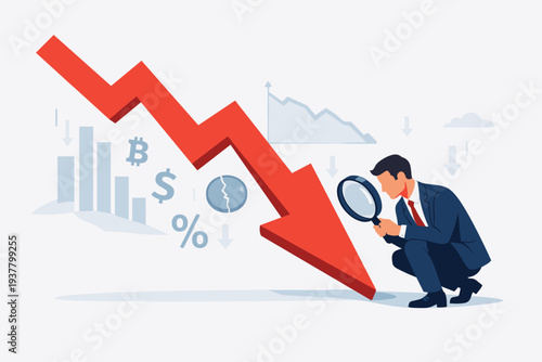 Businessman Analyzing Large Red Downward Arrow with Magnifying Glass, Representing Stock Market Crash, Cryptocurrency Decline, Economic Recession, Financial Crisis, and Global Inflation Trends.