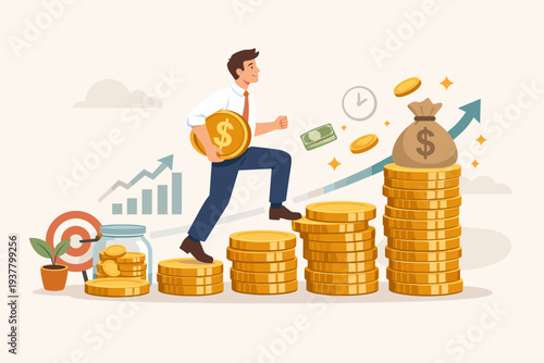 Businessman climbing a staircase of gold coins to reach a large money bag, representing financial growth, investment strategy, savings, compound interest, and achieving long-term wealth goals.